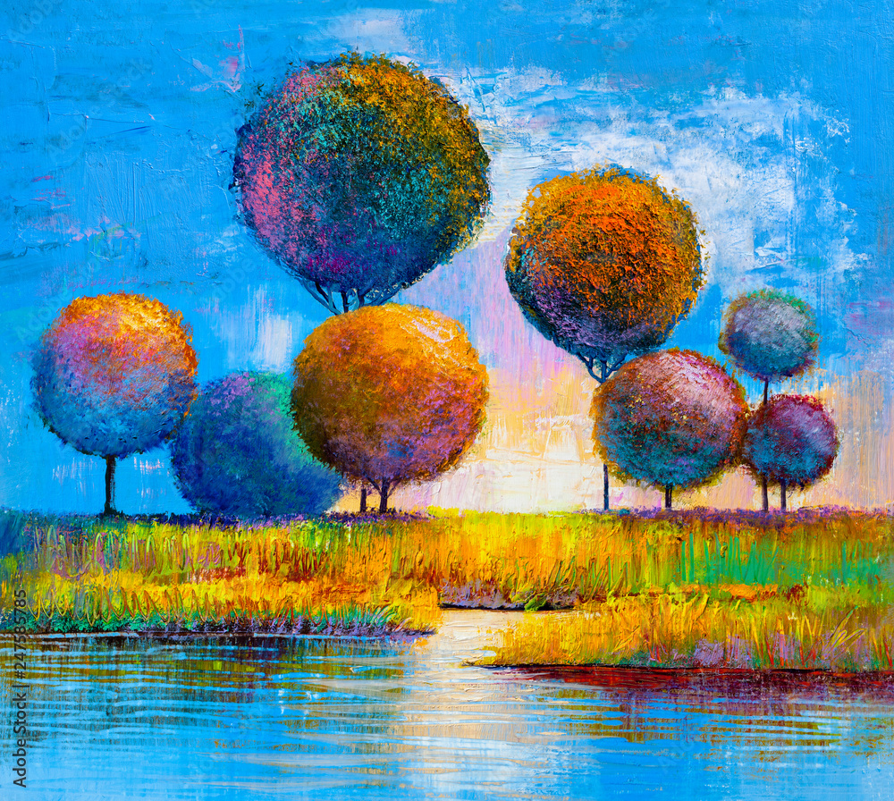 Abstract trees on the river bank. Original painting.