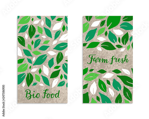 Vegetable flyers with salad leaves. Bio food, Farm fresh lettering inscription. Kraft paper background. Healthy, vegetarian, weight loss, low calorie ecology illustration. Eps 10 vector label set.