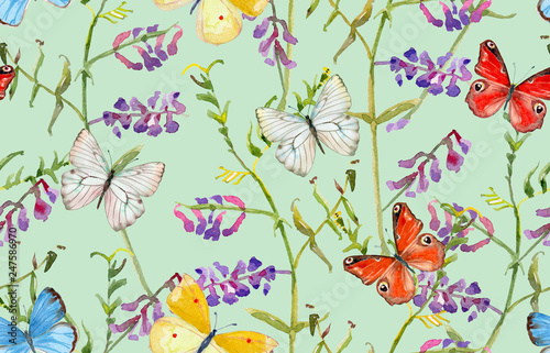 lovely seamless texture with meadow flowers and flying butterflies. watercolor painting