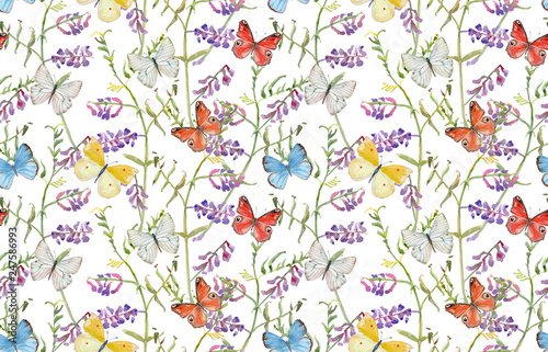 vintage seamless texture with meadow flowers and flying butterflies. watercolor painting
