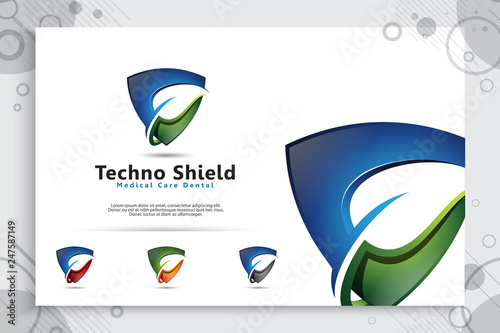 3d shield tech vector logo design with modern concept , abstract illustration symbol of cyber security  for digital template protection software company.