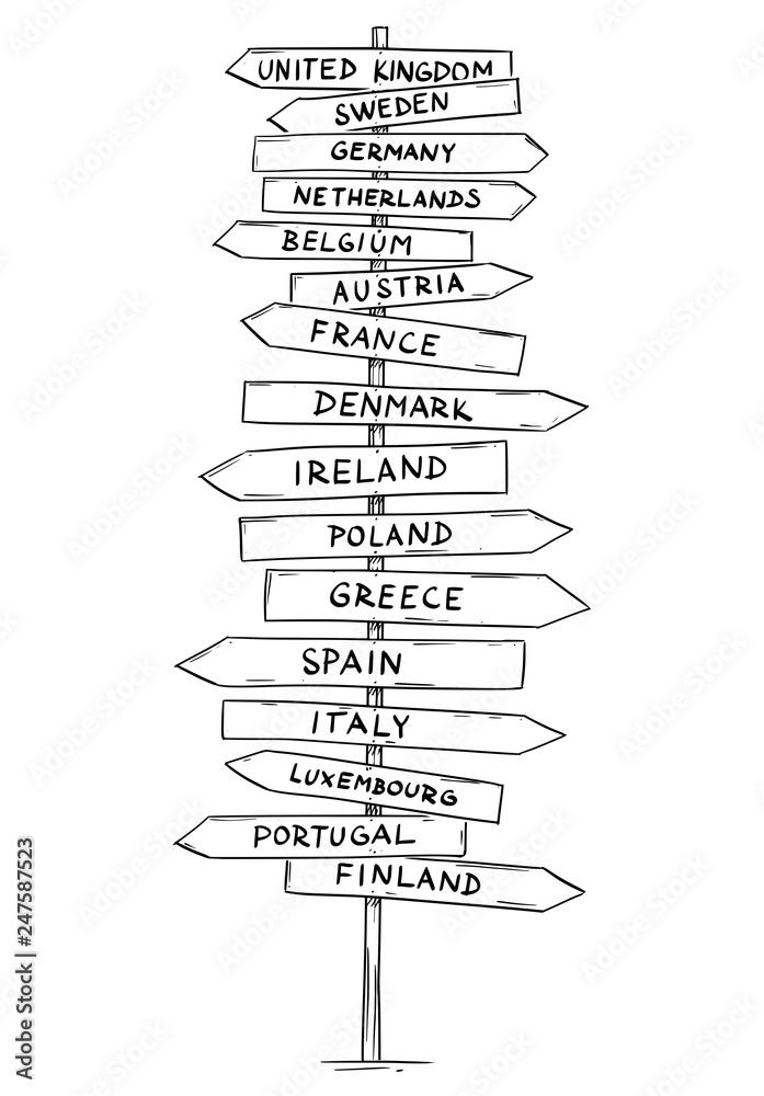 Artistic drawing of old wooden directional road arrow sign with names of some western European countries. United Kingdom, Germany, France, Austria,Netherlands and more.