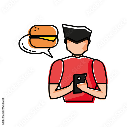 young man using smartphone buying burger