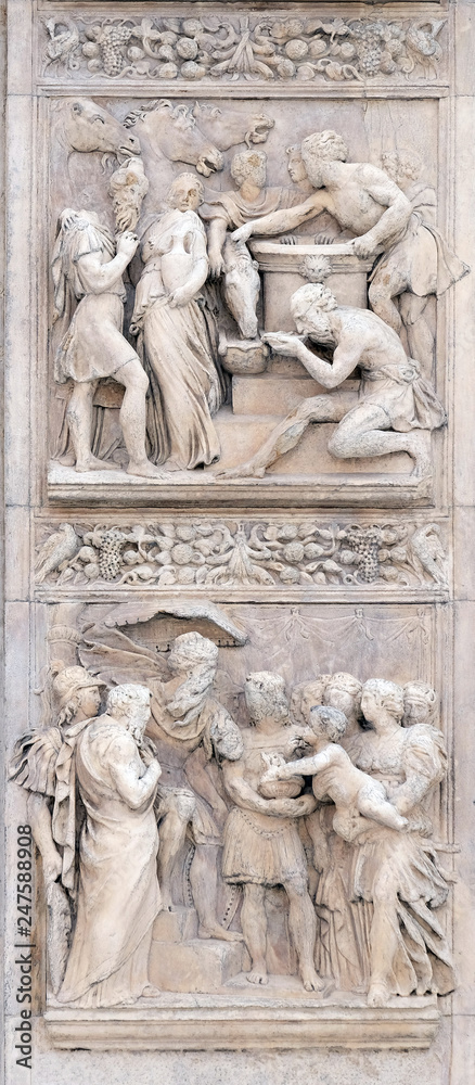 Stories of Rebecca up and Moses by Alfonso Lombardi, left door of San Petronio Basilica in Bologna, Italy
