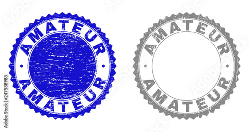 Grunge AMATEUR stamp seals isolated on a white background. Rosette seals with grunge texture in blue and gray colors. Vector rubber imprint of AMATEUR title inside round rosette.