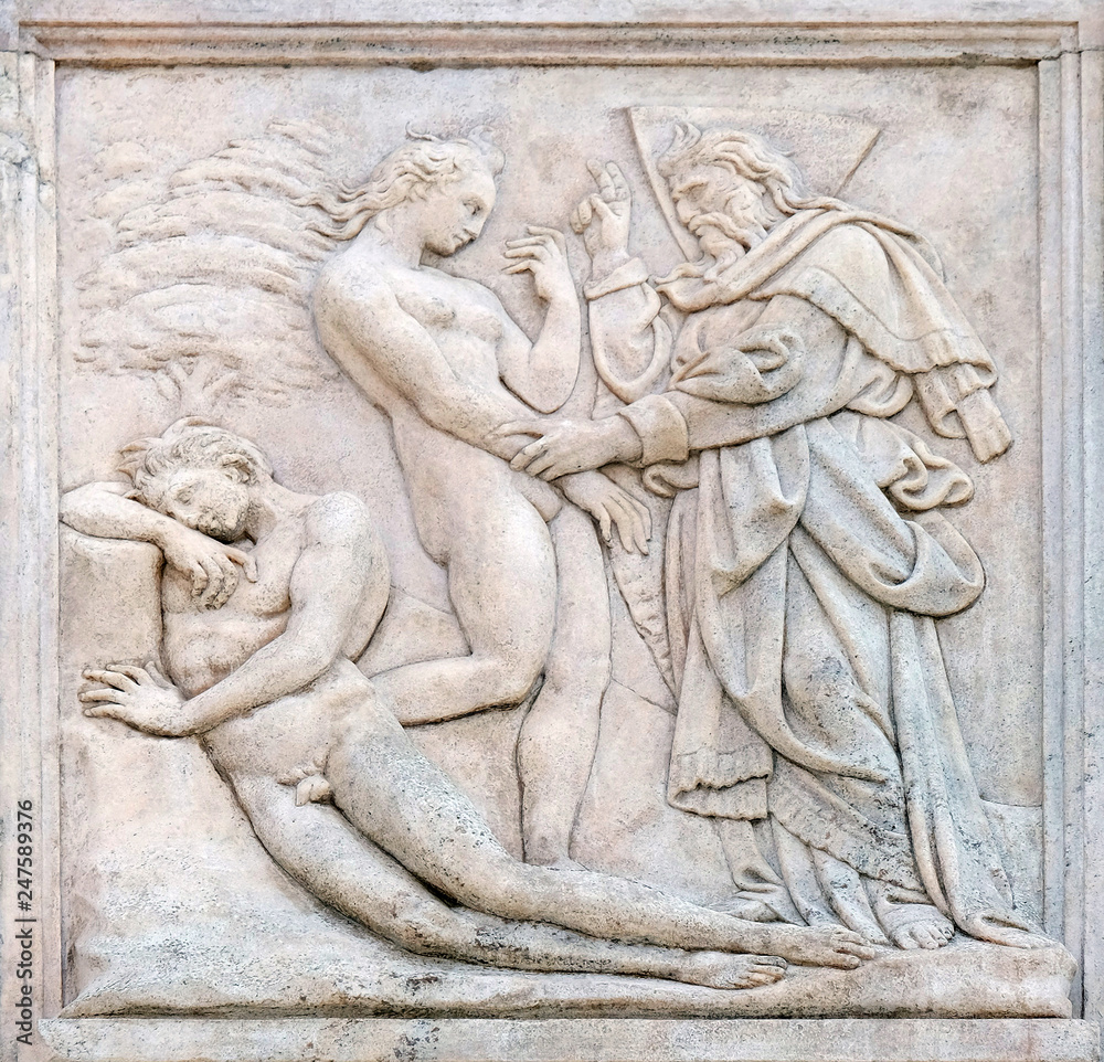 Creation of  Eve, Genesis relief on portal of Saint Petronius Basilica in Bologna, Italy