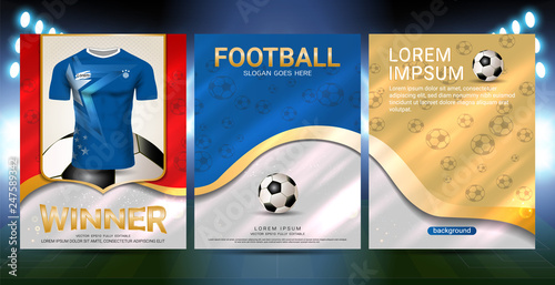 Sport poster cover template with Soccer jersey team design gold and blue trend background, For presentation score or game results (EPS10 vector fully editable and color change)