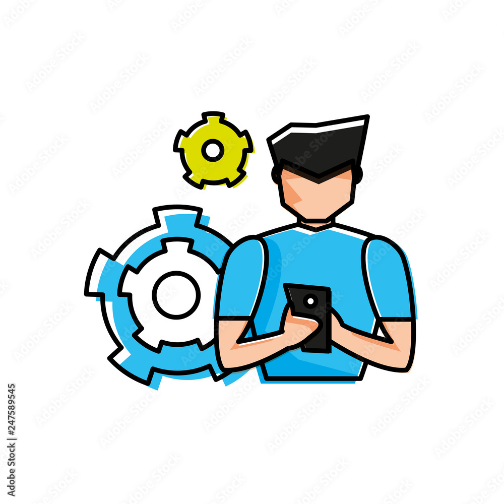 young man using smartphone with gears settings