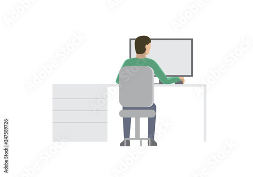 Man working on computer. Flat design illustration. Programmer, web designer, HTML coder