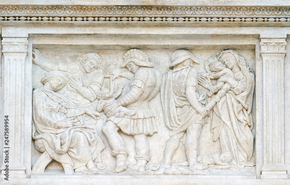 The Innocent massacre, relief on portal of Saint Petronius Basilica in Bologna, Italy