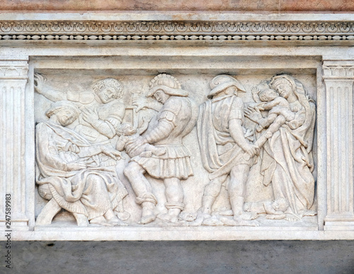 The Innocent massacre, relief on portal of Saint Petronius Basilica in Bologna, Italy