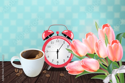 Morning cup of coffee and allarm Vector realistic. Tulip flowers bouquet and ...