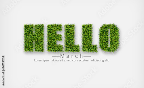 Hellos sign in green grass Vector realistic. Hello march spring symbols