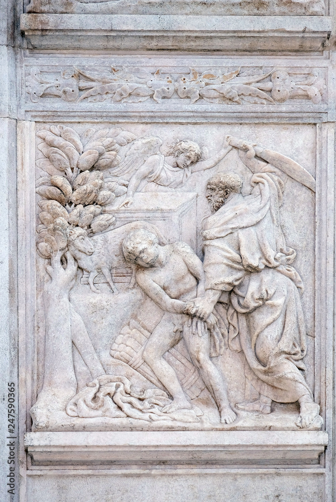 Abraham Sacrificing Isaac, relief on portal of Saint Petronius Basilica in Bologna, Italy