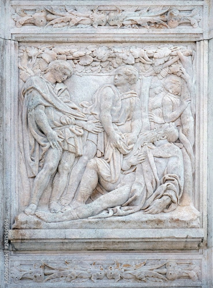 The Noah elation, relief on portal of Saint Petronius Basilica in Bologna, Italy