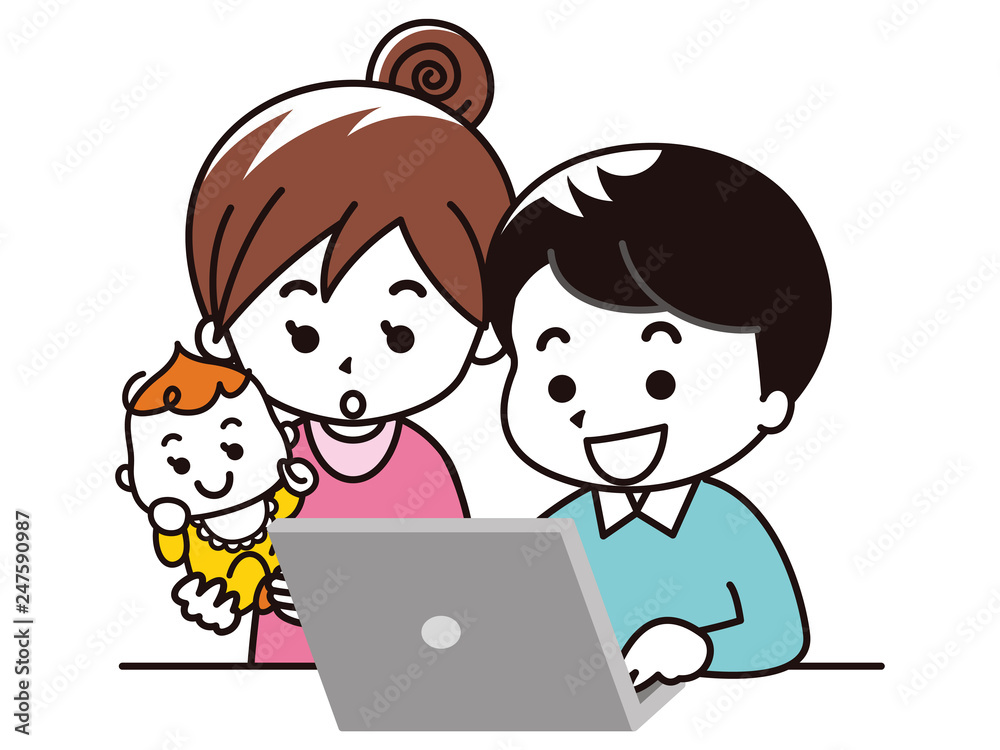 ノートパソコンを見る家族