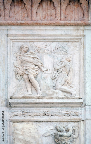 Cain and Abel sacrifices, Genesis relief on portal of Saint Petronius Basilica in Bologna, Italy