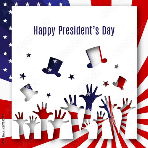Happy President day text banner hands hats on american flag background Patriotic american theme USA flag pattern stars stripes Design element for President's Day Patriotic background wallpaper Vector