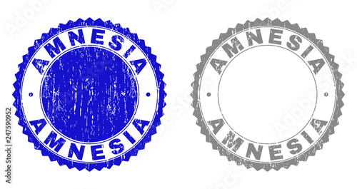 Grunge AMNESIA stamp seals isolated on a white background. Rosette seals with distress texture in blue and grey colors. Vector rubber watermark of AMNESIA title inside round rosette.