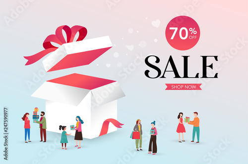 Lucky box, opened white present box with red ribbon. Sale concept design, give away promotion. Vector illustration
