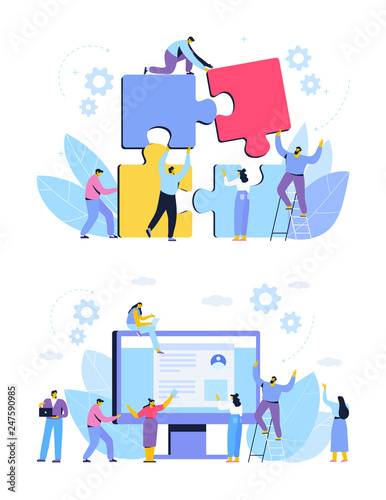 People connecting puzzle elements. Business concept. Partnership. Team working, cooperation.Vector illustration in flat design style.