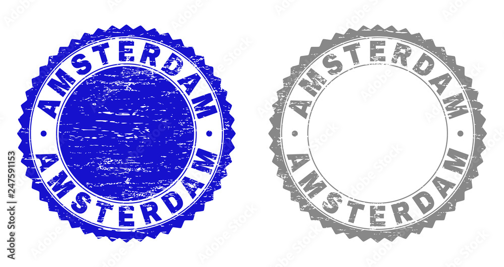 Grunge AMSTERDAM stamp seals isolated on a white background. Rosette seals with grunge texture in blue and grey colors. Vector rubber imprint of AMSTERDAM caption inside round rosette.