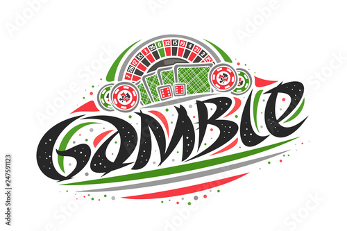 Vector logo for Gamble, creative outline illustration of american roulette wheel, original decorative brush lettering for word gamble, simplistic abstract gambling banner with lines and dots on white.