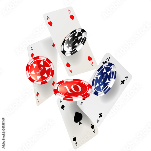 Falling casino chips and aces with blurred elements, vector illustration, isolated on white