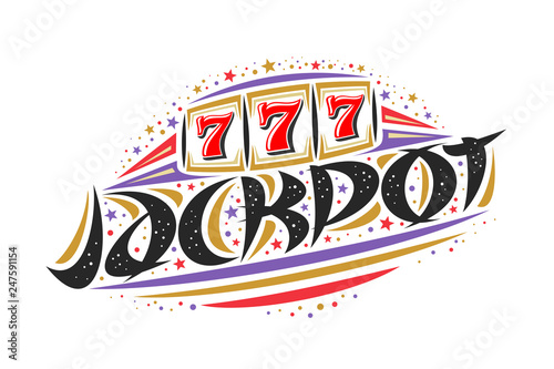 Vector logo for Jackpot, creative colorful illustration of reel of slot machine, original decorative brush lettering for word jackpot, simplistic abstract gambling banner with lines and dots on white.