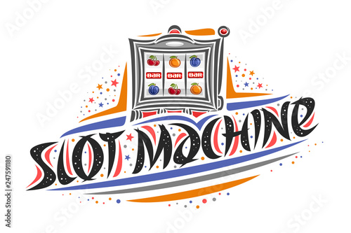 Vector logo for Slot Machine, creative illustration of reel of slot machine, original decorative brush lettering for word slot machine, simplistic abstract gambling banner with lines and dots on white