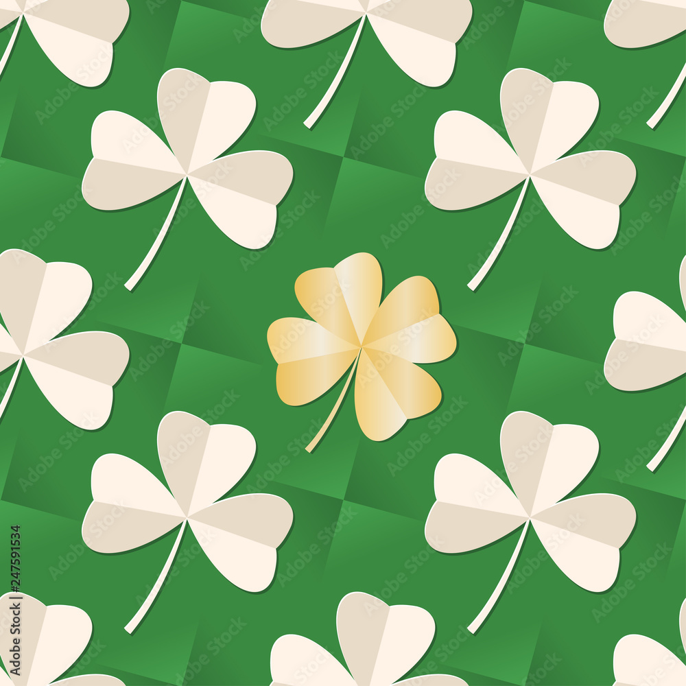St. Patrick's day seamless pattern with Clover leaves on green background. Trefoil and gold Four leaf paper clover. St. Patrick's day seamless pattern with Clover leaves on green background. Trefoil and gold Four leaf paper clover.