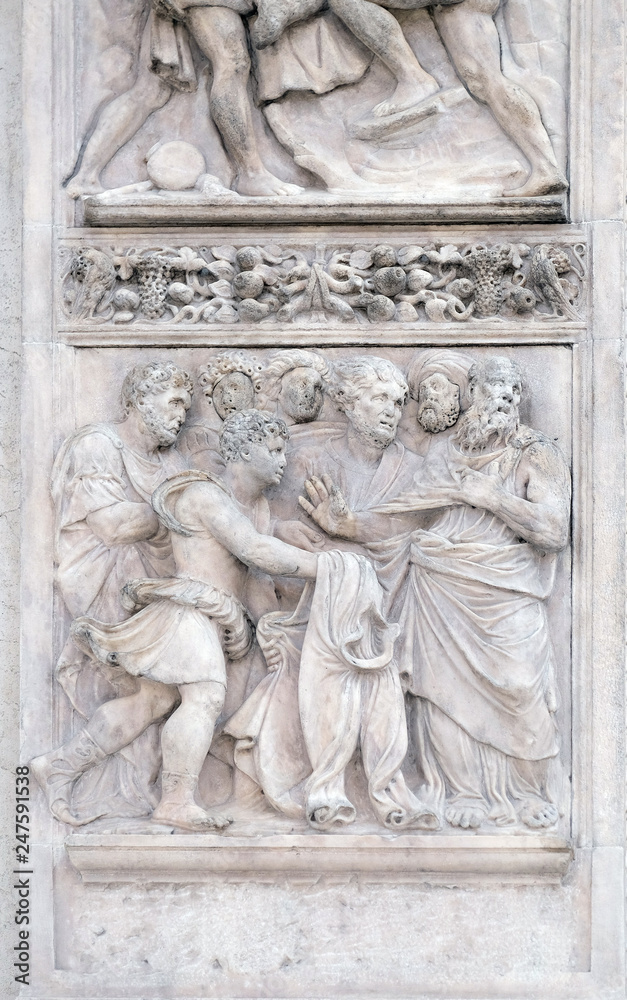 The brothers show Joseph's clothes to Jacob, panel by Girolamo da Trevisio on the right door of San Petronio Basilica in Bologna, Italy