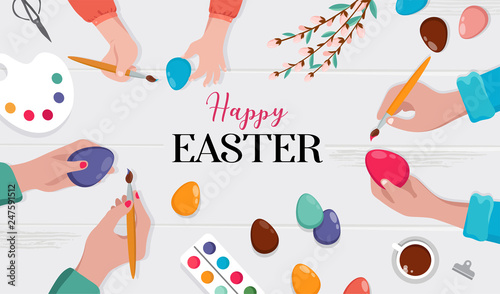 Easter scene - happy family preparing for Easter. Mother, father and daughters are painting eggs. Vector illustration