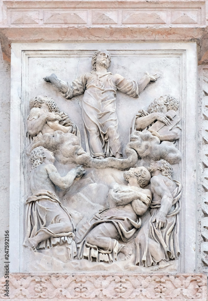 Transfiguration of the Lord by Giacomo Scilla, right door of San Petronio Basilica in Bologna, Italy