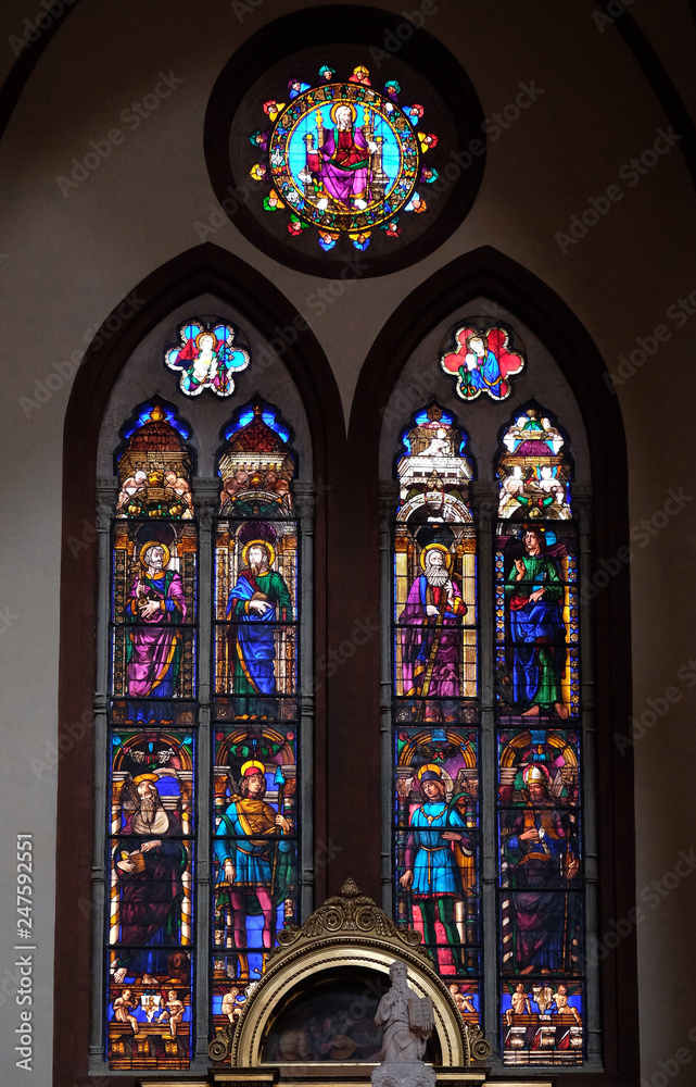 Stained glass window in San Petronio Basilica in Bologna, Italy