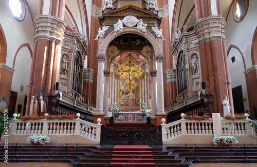Main altar in Basilica di San Petronio, huge and beautiful cathedral in Bologna, Italy