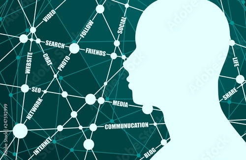 Tags cloud. Social media relative vector brochure, report or flyer design template. Scientific designs. Molecule And Communication Background. Connected lines with dots. Human head silhouette