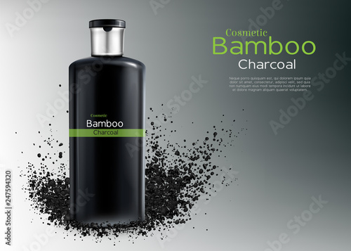 Vector 3d realistic ad poster with charcoal cosmetics - shampoo or cream with natural bamboo. Deep cleansing cosmetic for men. Moisturizer, wrapping, branded container. Haircare, hygiene product.