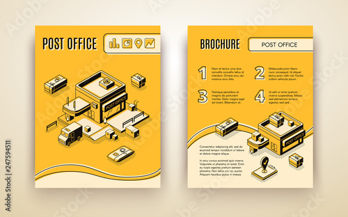 Post or delivery service, business logistics company isometric vector advertising brochure, promotion booklet pages template. Mail truck neal postal office, tracking parcel boxes online illustration photo