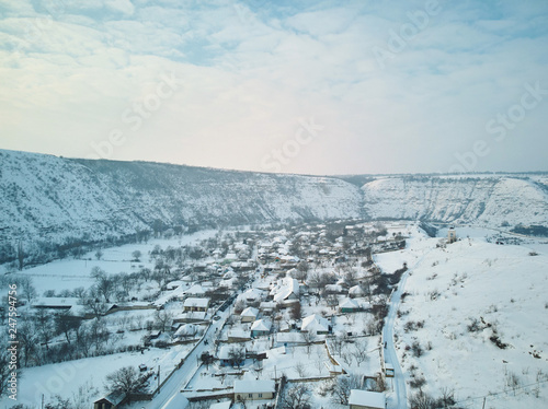 Aerial shot of Old Orhei at daylight in winter season