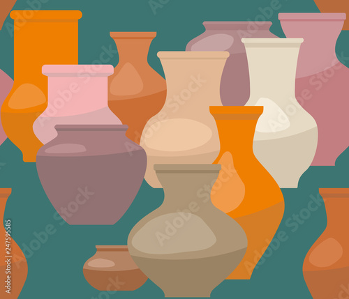Seamless background with clay vases on green background, vessels of different vessels and colors