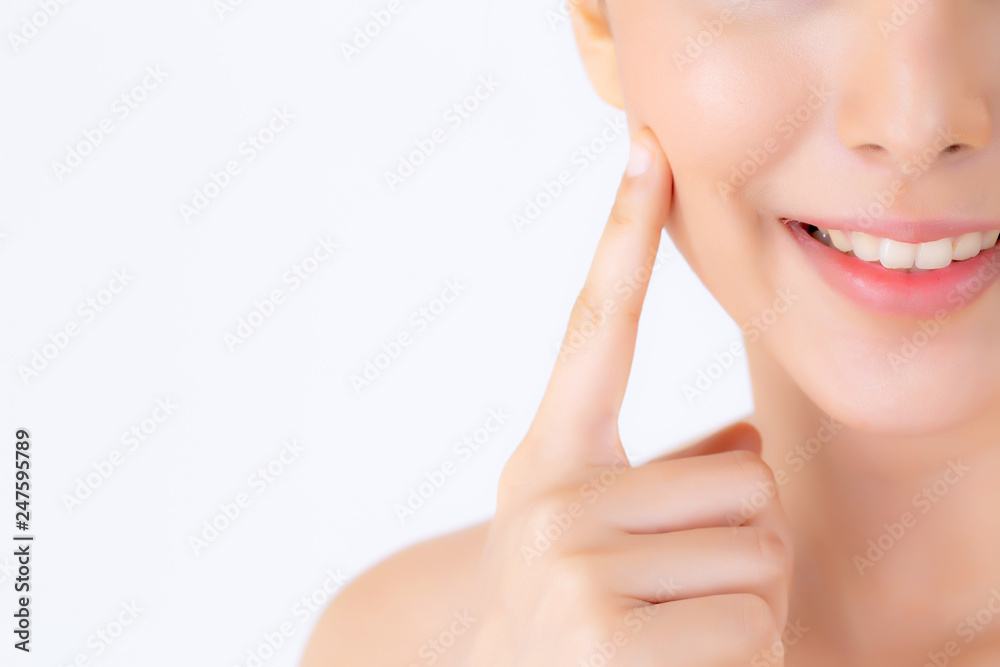 Portrait of beautiful woman asian makeup of cosmetic, girl hand touch cheek and smile attractive, face of beauty perfect with wellness isolated on white background with skin healthcare concept.