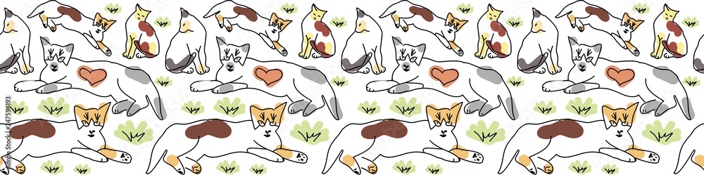 Fototapeta premium Cute funne vintage seamless pattern vector with cats and kittens playing and lying on a grass meadow on light background