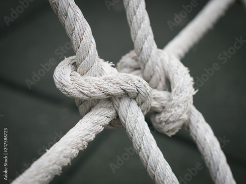 The old rope knot for net climbing, closeup of rope knot