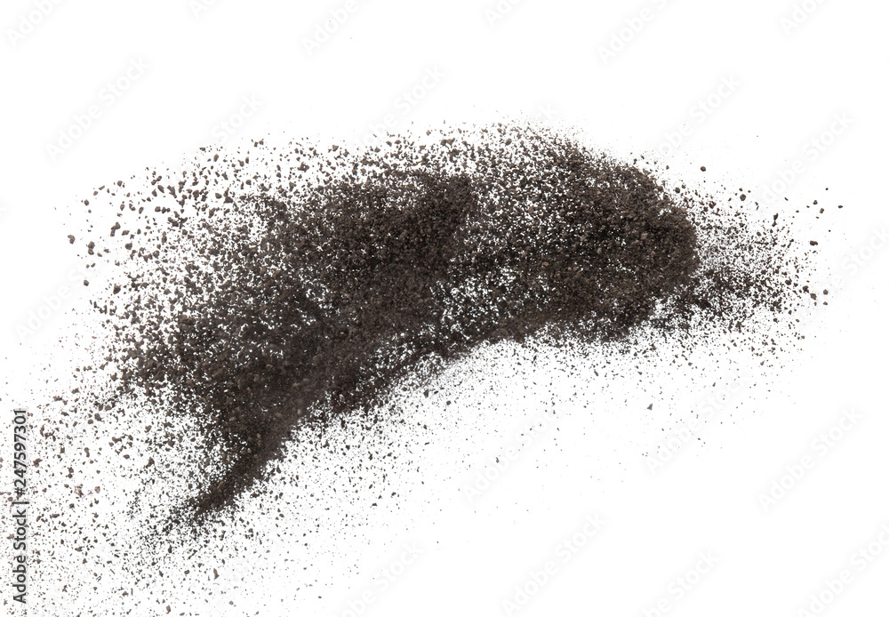 Dry soil splash or explosion flying in the air on white background,Stop motion