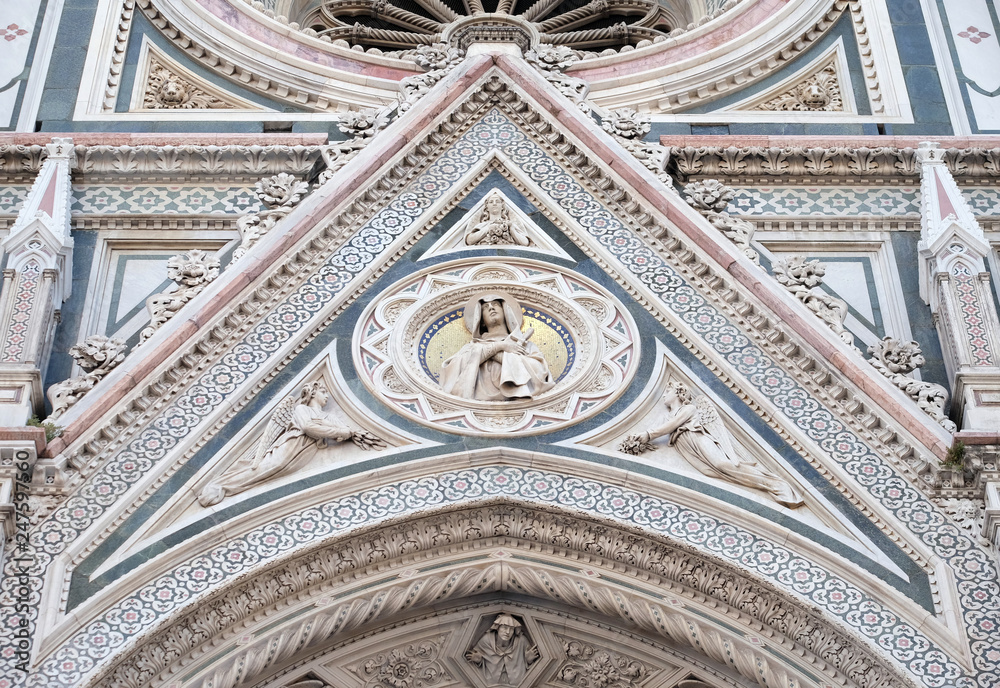 Our Lady of Sorrows supported by Angels bearing Flowers, Portal of Cattedrale di Santa Maria del Fiore (Cathedral of Saint Mary of the Flower), Florence, Italy 