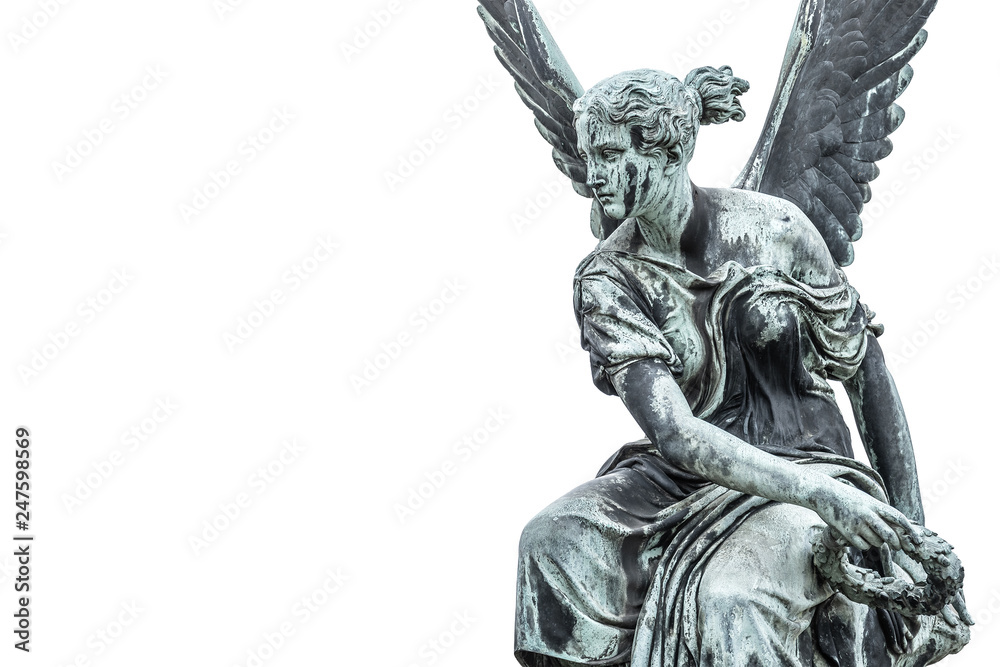 Statue of ancient beautiful winged angel in downtown of Potsdam, isolated at white background, Germany, portrait, details Statue of ancient beautiful winged angel in downtown of Potsdam, isolated at white background, Germany, portrait, details