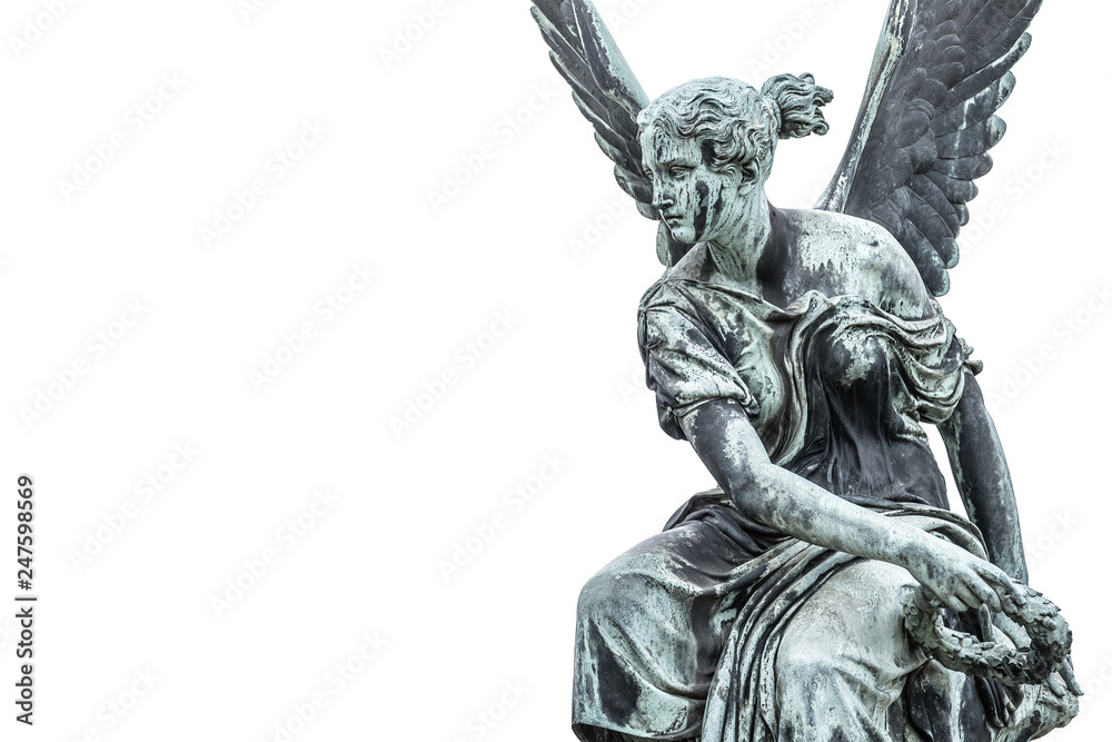 Statue of ancient beautiful winged angel in downtown of Potsdam, isolated at white background, Germany, portrait, details