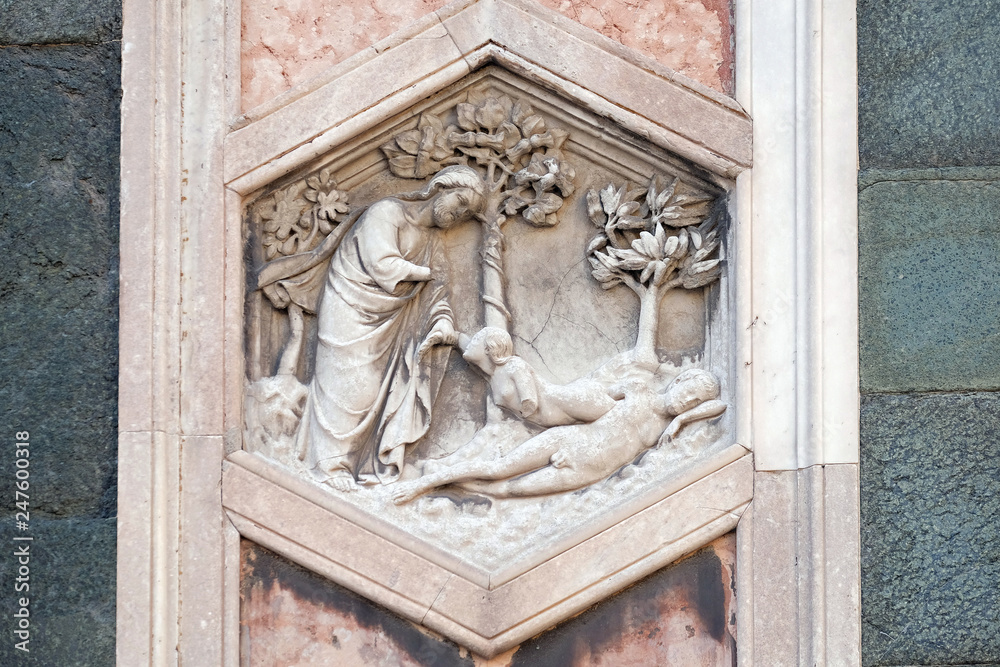 Creation of Eve by Andrea Pisano, 1334-36., Relief on Giotto Campanile of Cattedrale di Santa Maria del Fiore, Florence, Italy 