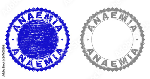 Grunge ANAEMIA stamp seals isolated on a white background. Rosette seals with grunge texture in blue and grey colors. Vector rubber overlay of ANAEMIA tag inside round rosette.